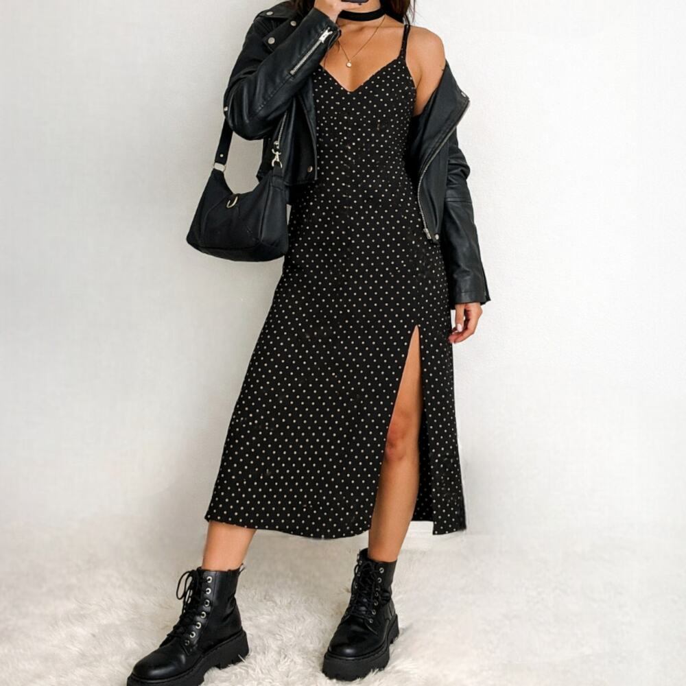 ROTATE Birger Christensen Arizona Slip Dress 6 Polka Dot V Neck Slit Minimalist
